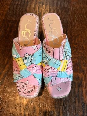 Sugar Pink, Yellow, and Light Blue Patterned Bandana Wedge Sandals - Never Worn